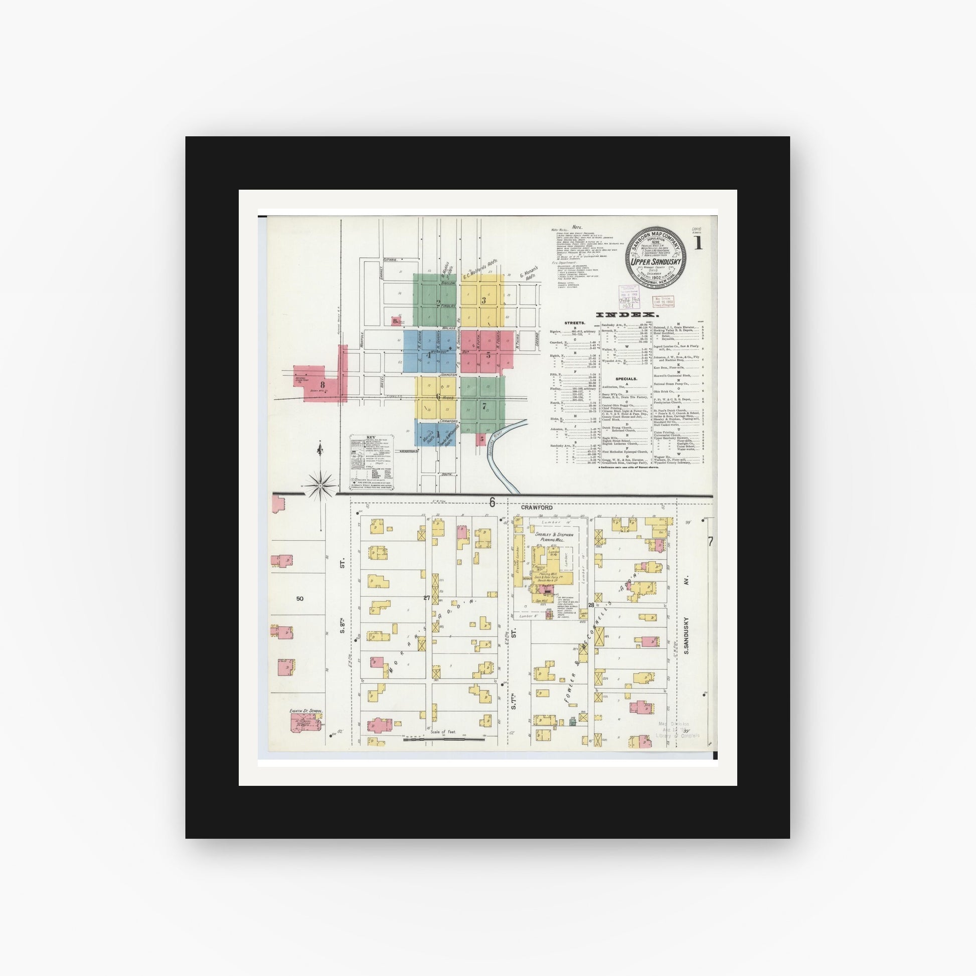 Old map wall art mockup — black gallery frame with white mat — Sanborn Fire Insurance Map from Upper Sandusky, Wyandot County, Ohio (1902) - Complete Map Set