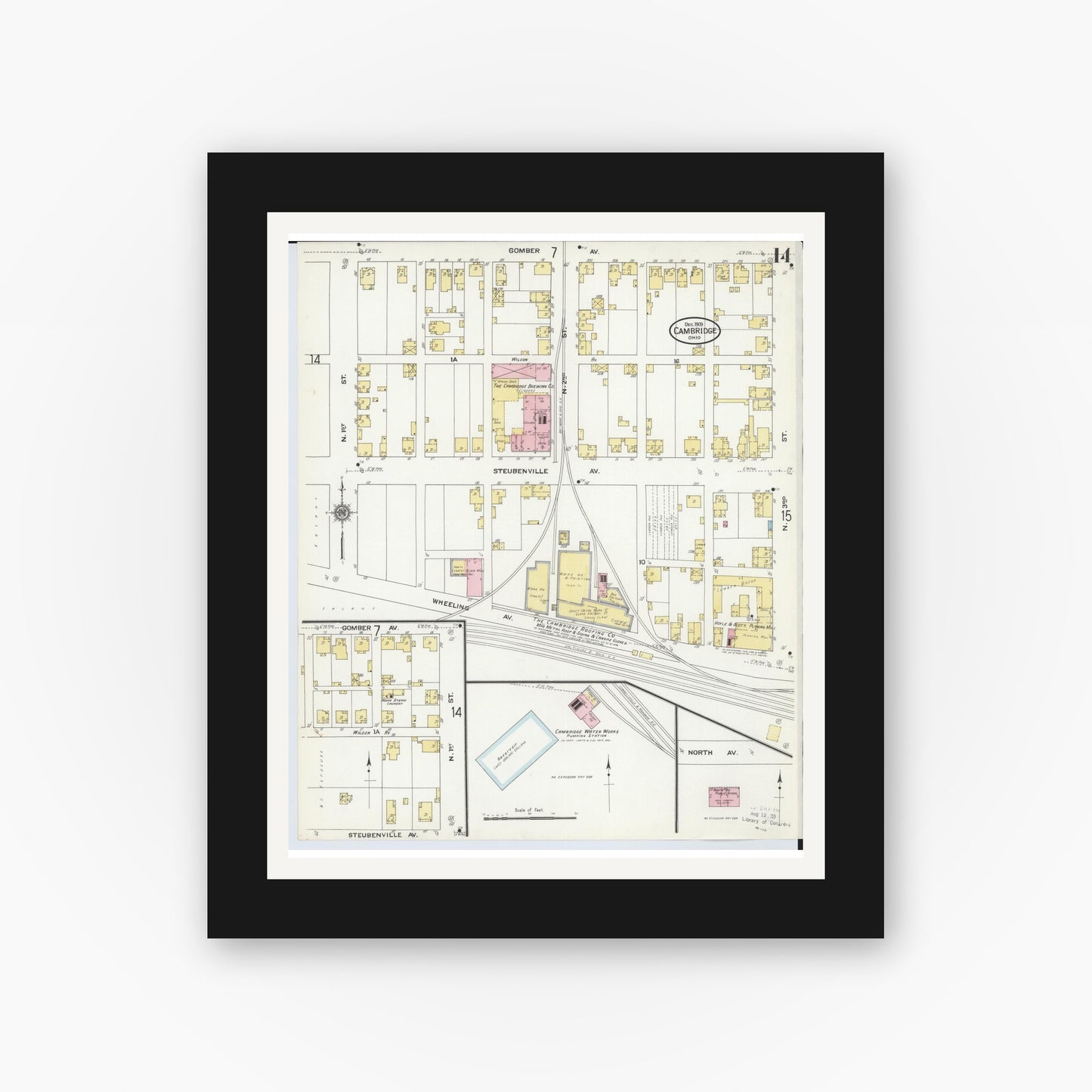 Old map wall art mockup — black gallery frame with white mat — Sanborn Fire Insurance Map from Cambridge, Guernsey County, Ohio (1909), Sheet #0014