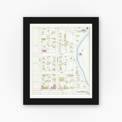 Old map wall art mockup — black gallery frame with white mat — Sanborn Fire Insurance Map from Winamac, Pulaski County, Indiana (1899), Sheet #0002