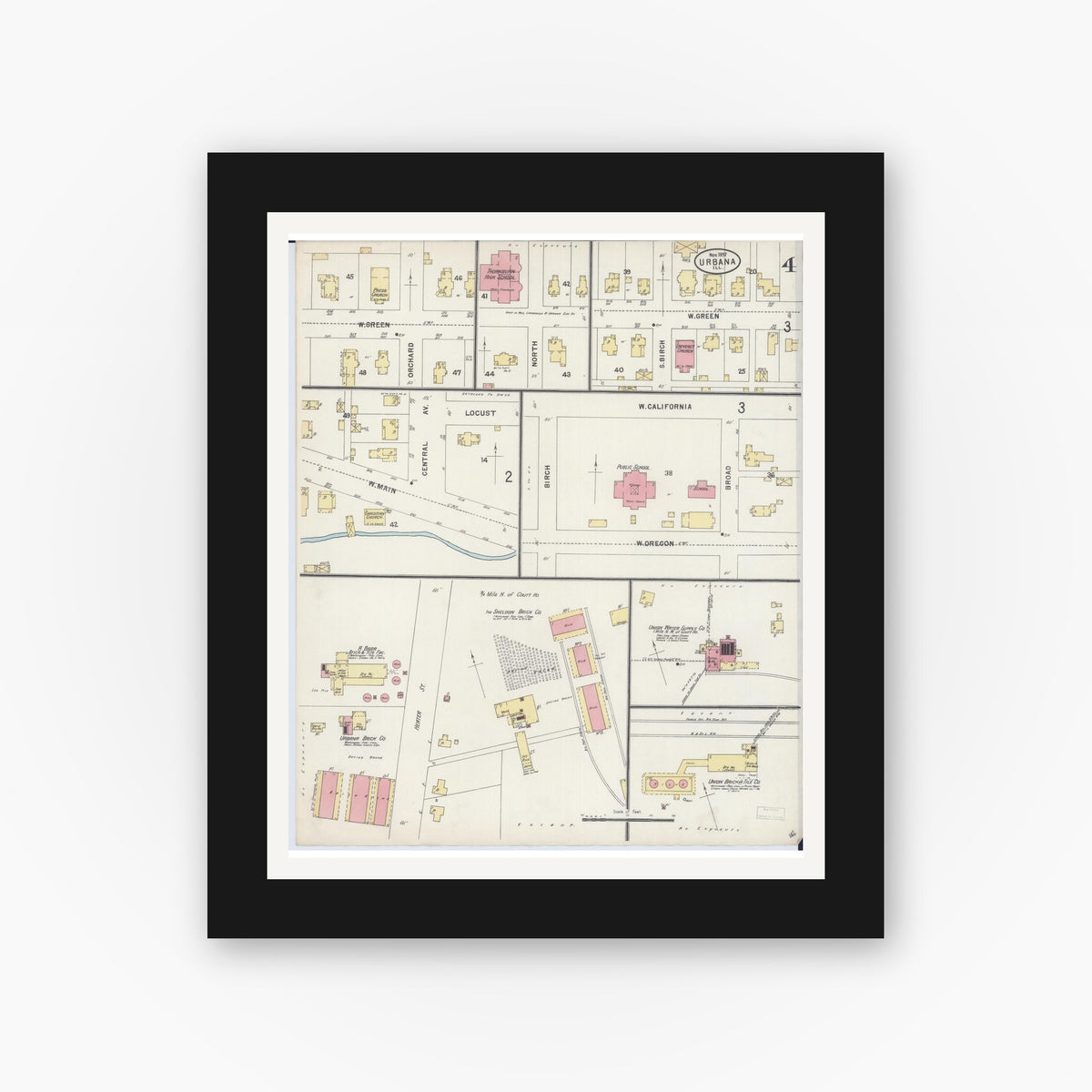 Old map wall art mockup — black gallery frame with white mat — Sanborn Fire Insurance Map from Urbana, Champaign County, Illinois (1897), Sheet #0004