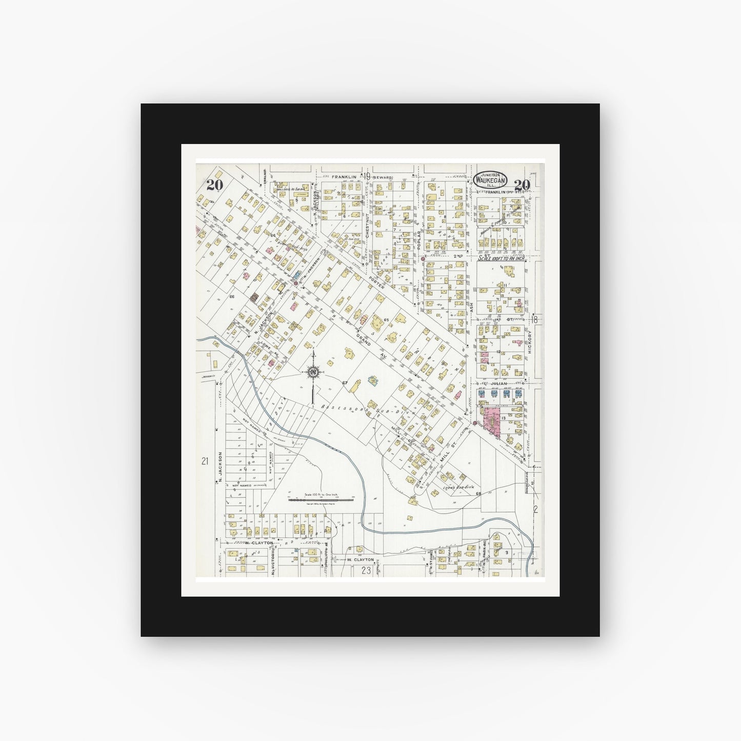 Old map wall art mockup — black gallery frame with white mat — Sanborn Fire Insurance Map from Waukegan, Lake County, Illinois (1924), Sheet #0020
