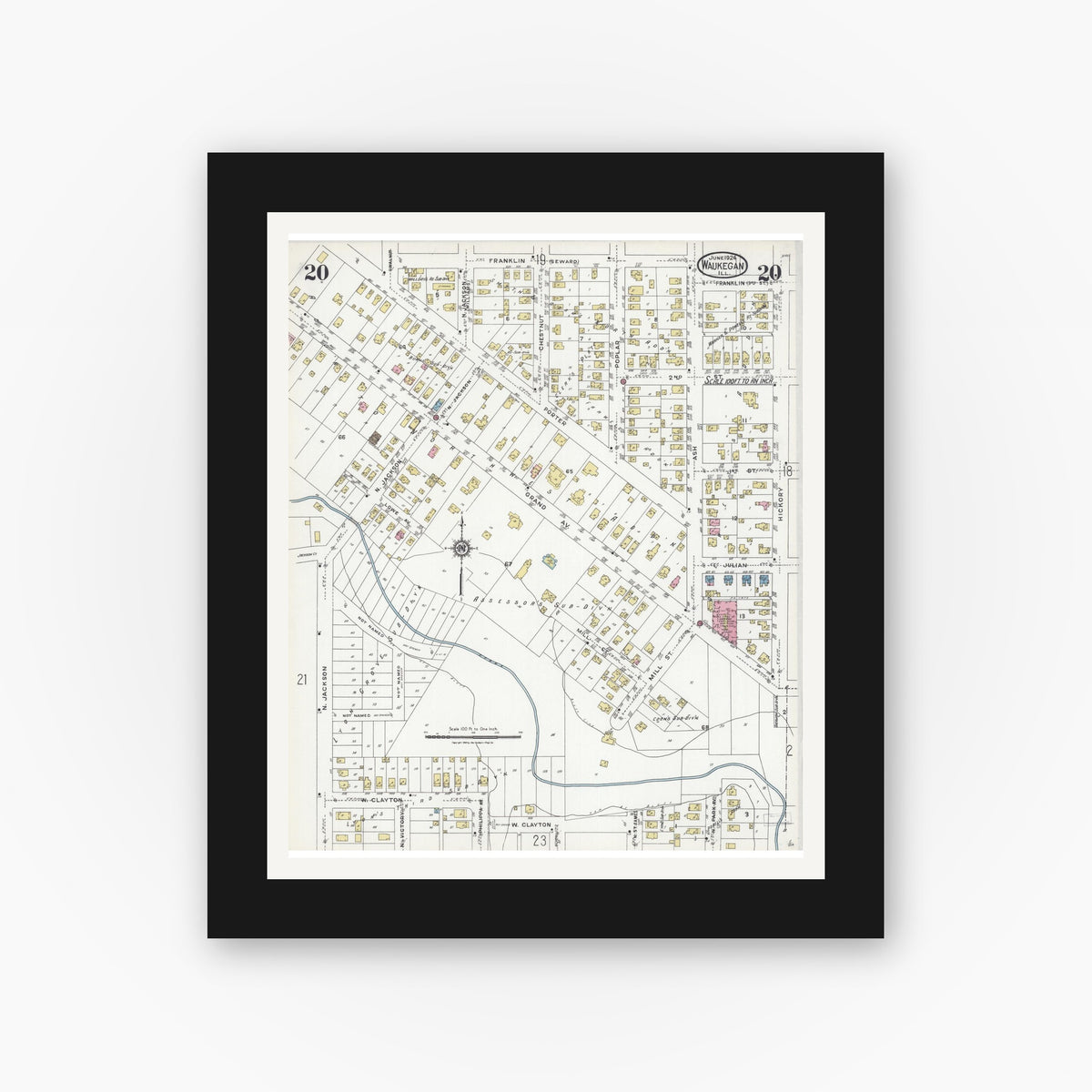 Old map wall art mockup — black gallery frame with white mat — Sanborn Fire Insurance Map from Waukegan, Lake County, Illinois (1924), Sheet #0020
