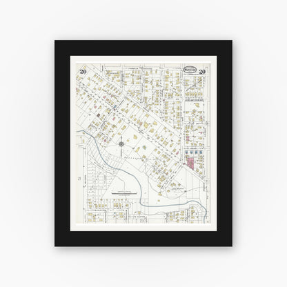 Old map wall art mockup — black gallery frame with white mat — Sanborn Fire Insurance Map from Waukegan, Lake County, Illinois (1924), Sheet #0020