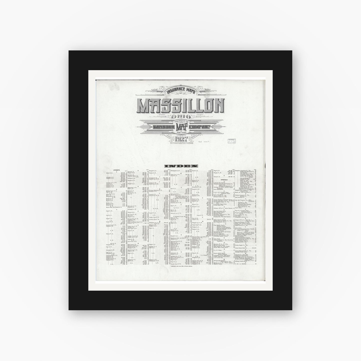Old map wall art mockup — black gallery frame with white mat — Sanborn Fire Insurance Map from Massillon, Stark County, Ohio (1927), Sheet #0001