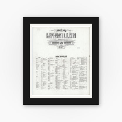 Old map wall art mockup — black gallery frame with white mat — Sanborn Fire Insurance Map from Massillon, Stark County, Ohio (1927), Sheet #0001