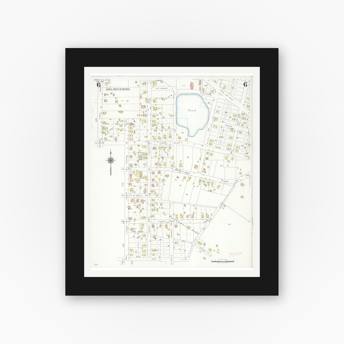 Old map wall art mockup — black gallery frame with white mat — Sanborn Fire Insurance Map from Perryville, Perry County, Missouri (1938), Sheet #0006