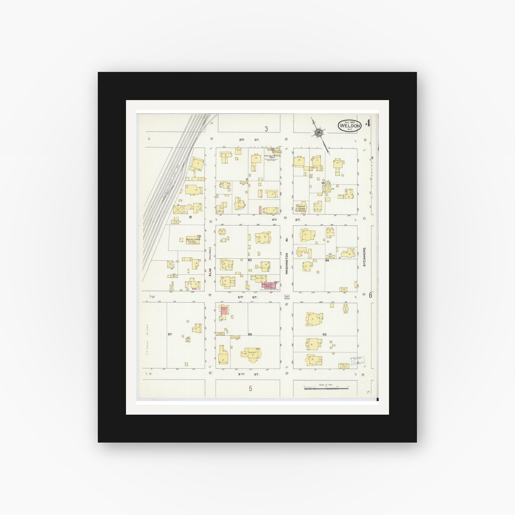 Old map wall art mockup — black gallery frame with white mat — Sanborn Fire Insurance Map from Weldon, Halifax County, North Carolina (1909), Sheet #0004