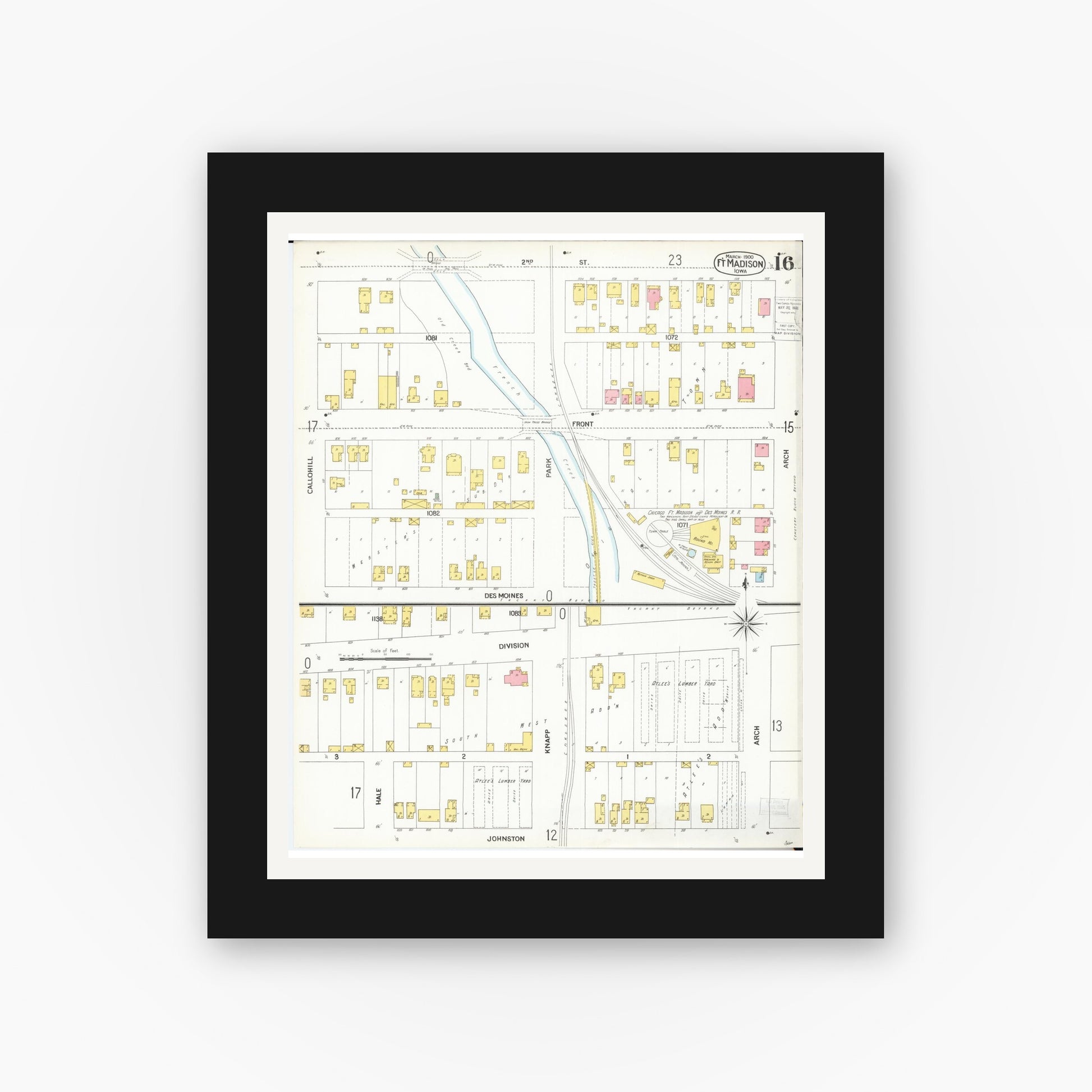 Old map wall art mockup — black gallery frame with white mat — Sanborn Fire Insurance Map from Fort Madison, Lee County, Iowa (1900), Sheet #0016