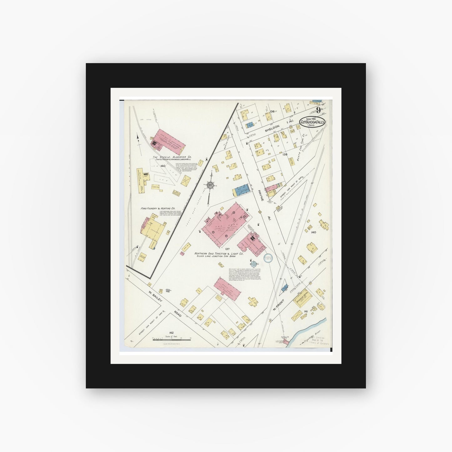 Old map wall art mockup — black gallery frame with white mat — Sanborn Fire Insurance Map from Cuyahoga Falls, Summit County, Ohio (1916), Sheet #0009