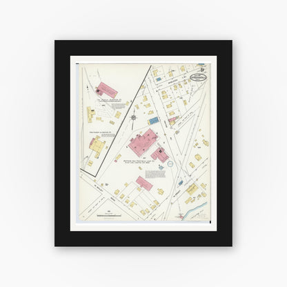 Old map wall art mockup — black gallery frame with white mat — Sanborn Fire Insurance Map from Cuyahoga Falls, Summit County, Ohio (1916), Sheet #0009