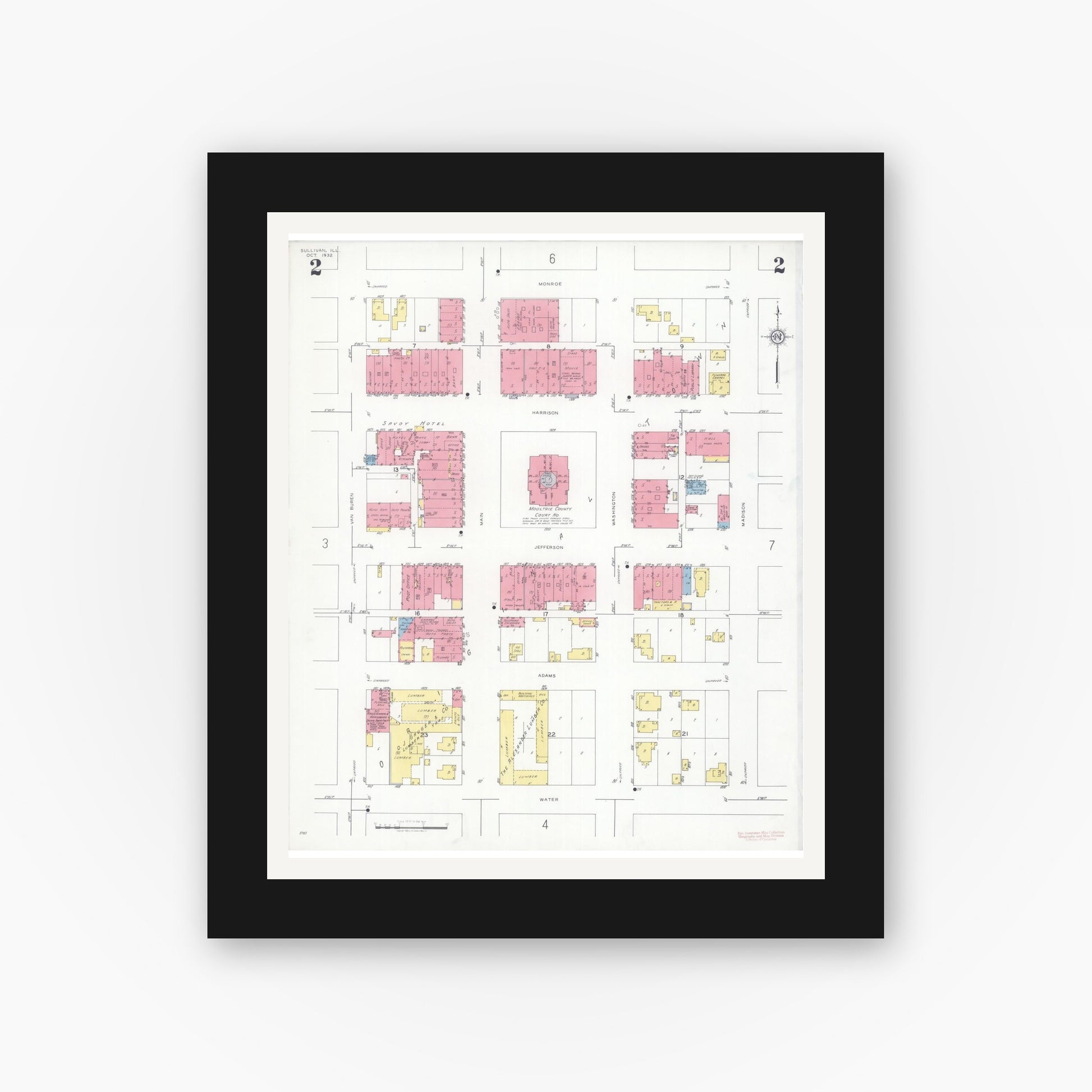Old map wall art mockup — black gallery frame with white mat — Sanborn Fire Insurance Map from Sullivan, Moultrie County, Illinois (1932), Sheet #0002