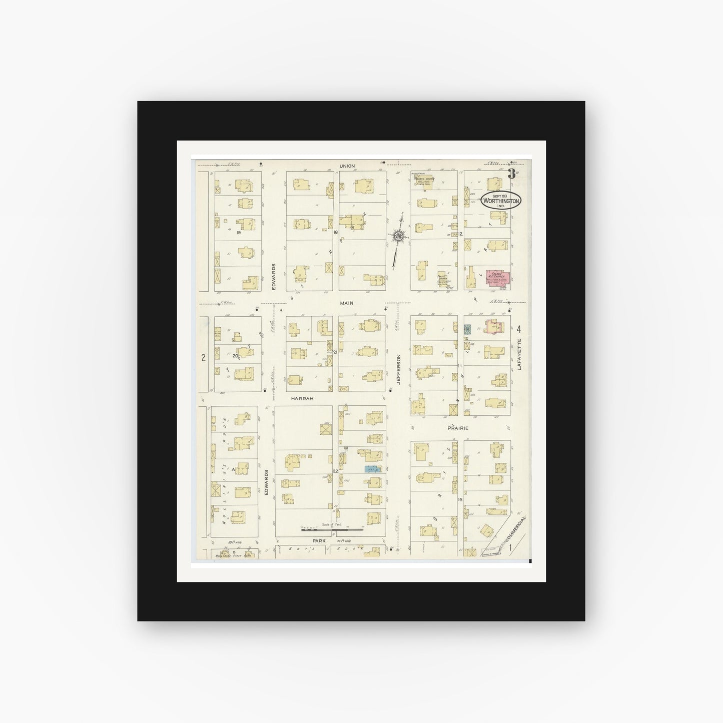 Old map wall art mockup — black gallery frame with white mat — Sanborn Fire Insurance Map from Worthington, Greene County, Indiana (1913), Sheet #0003