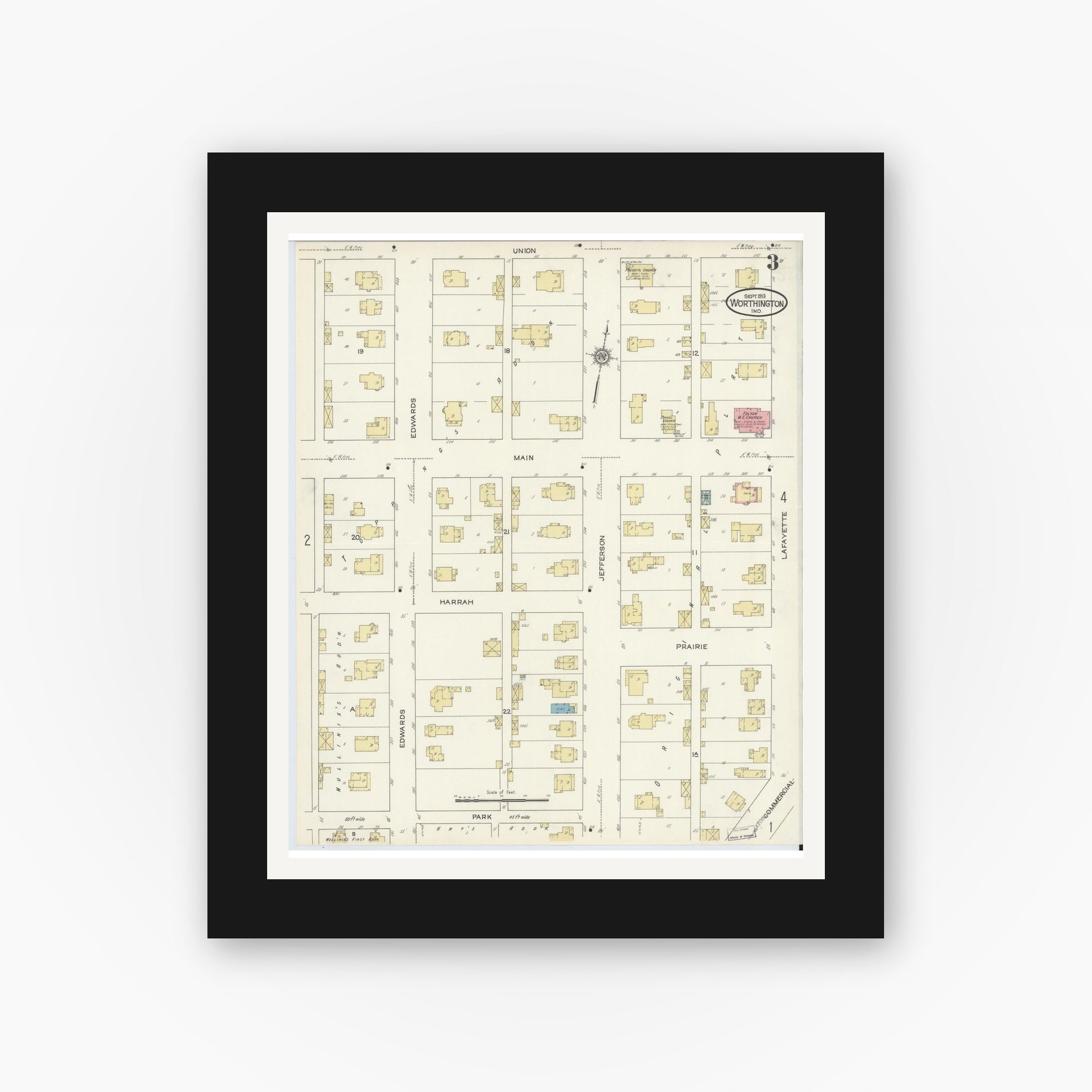 Old map wall art mockup — black gallery frame with white mat — Sanborn Fire Insurance Map from Worthington, Greene County, Indiana (1913), Sheet #0003