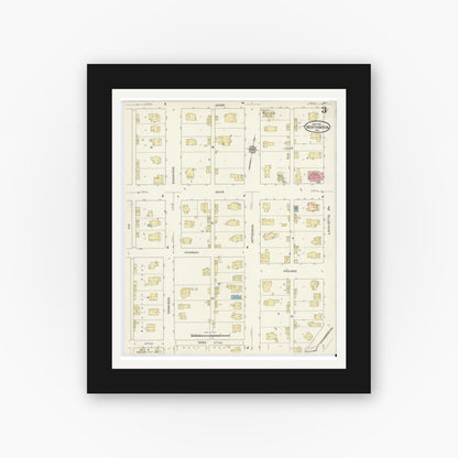 Old map wall art mockup — black gallery frame with white mat — Sanborn Fire Insurance Map from Worthington, Greene County, Indiana (1913), Sheet #0003