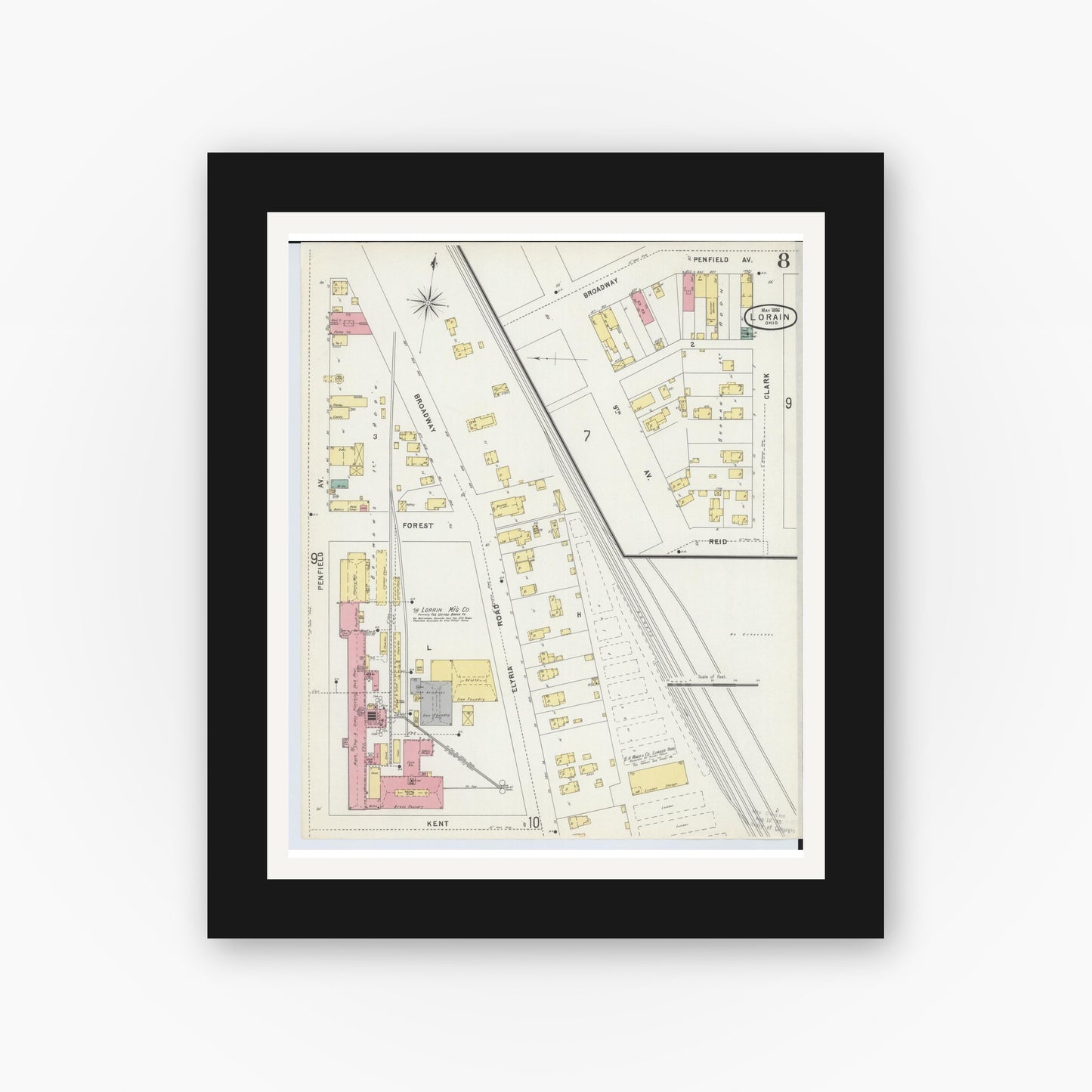 Old map wall art mockup — black gallery frame with white mat — Sanborn Fire Insurance Map from Lorain, Lorain County, Ohio (1896), Sheet #0008