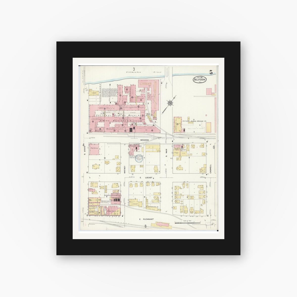 Old map wall art mockup — black gallery frame with white mat — Sanborn Fire Insurance Map from Belvidere, Boone County, Illinois (1912), Sheet #0005