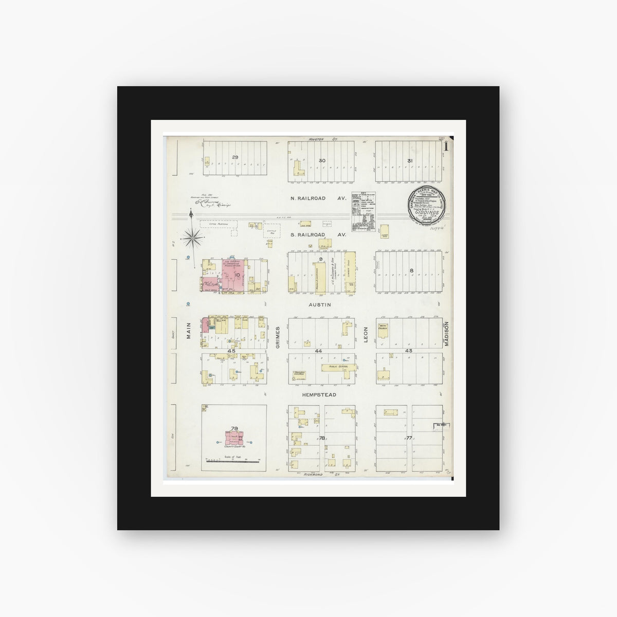 Old map wall art mockup — black gallery frame with white mat — Sanborn Fire Insurance Map from Giddings, Lee County, Texas (1891) - Complete Map Set