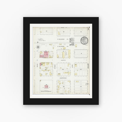 Old map wall art mockup — black gallery frame with white mat — Sanborn Fire Insurance Map from Giddings, Lee County, Texas (1891) - Complete Map Set