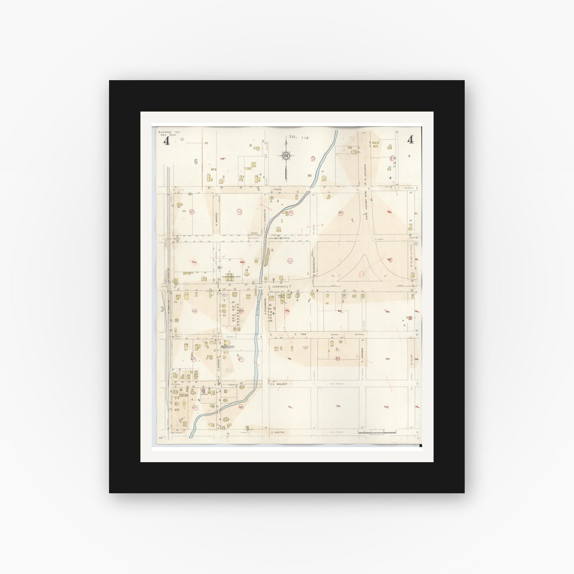 Old map wall art mockup — black gallery frame with white mat — Sanborn Fire Insurance Map from Bastrop, Bastrop County, Texas (1944), Sheet #0004