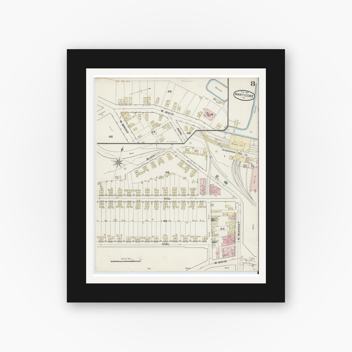 Old map wall art mockup — black gallery frame with white mat — Sanborn Fire Insurance Map from Nanticoke, Luzerne County, Pennsylvania (1888), Sheet #0008