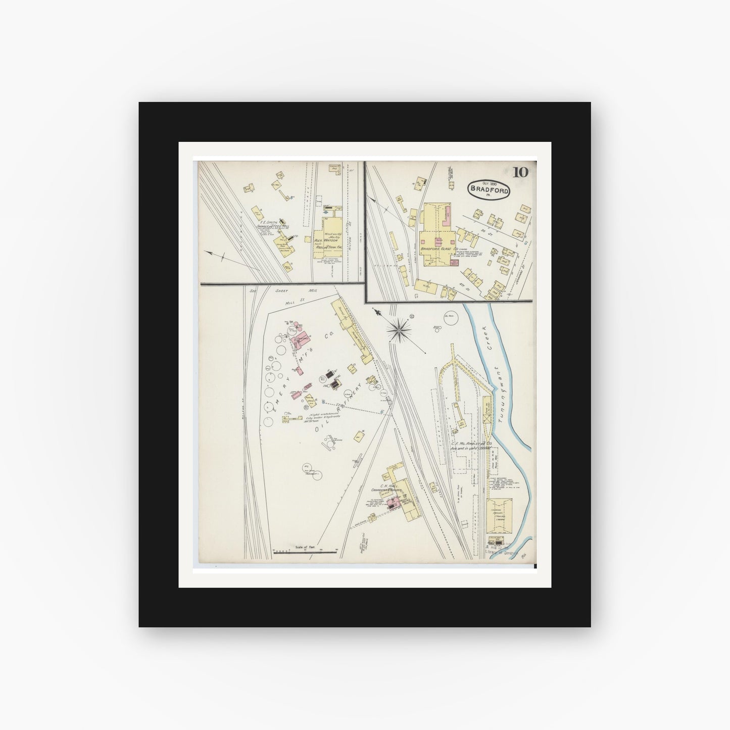 Old map wall art mockup — black gallery frame with white mat — Sanborn Fire Insurance Map from Bradford, McKean County, Pennsylvania (1890), Sheet #0010