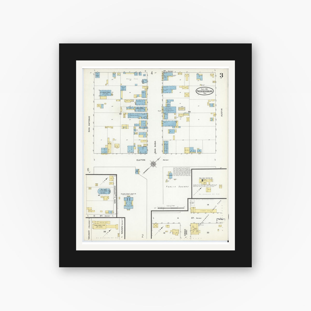 Old map wall art mockup — black gallery frame with white mat — Sanborn Fire Insurance Map from Fredericksburg, Gillespie County, Texas (1915), Sheet #0003