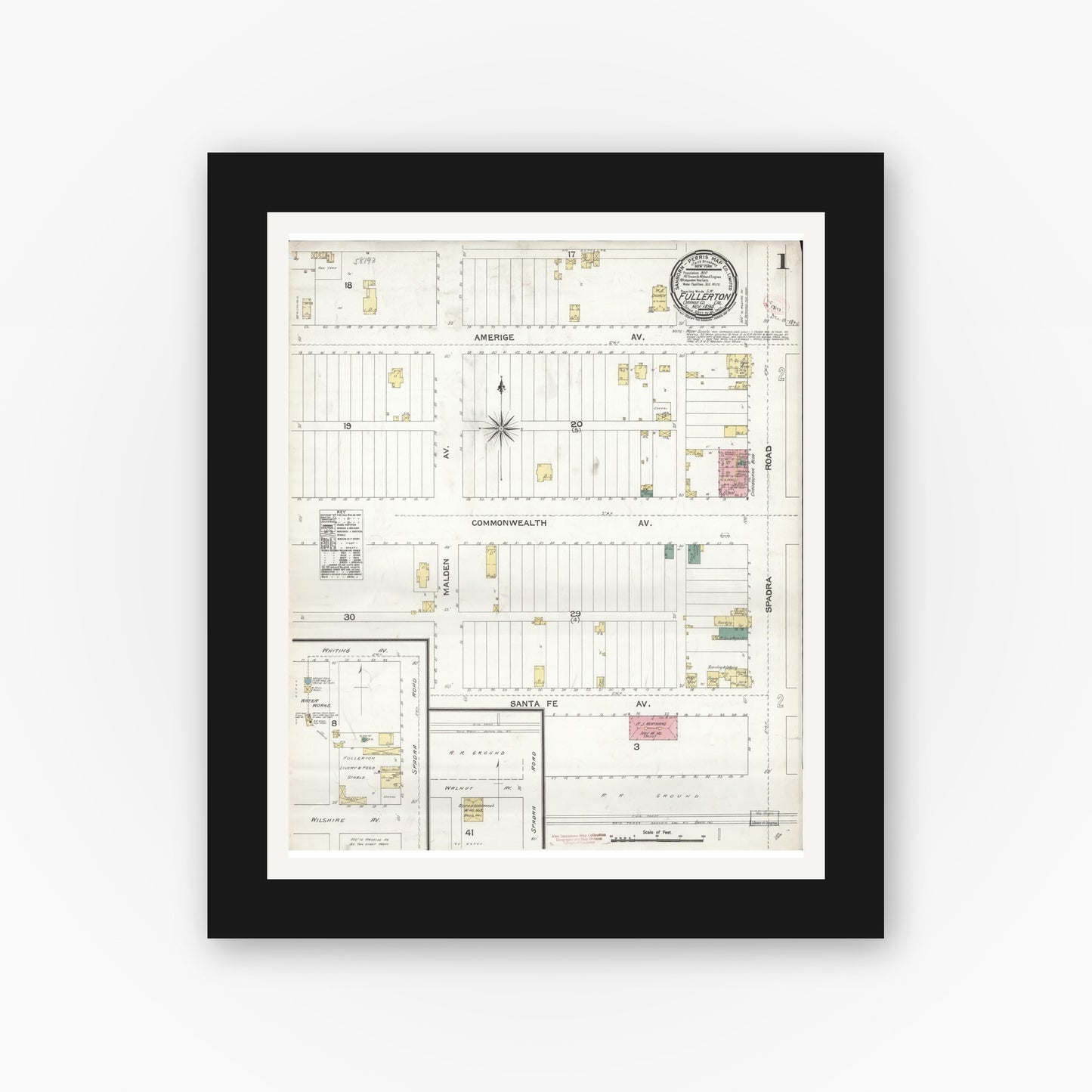 Old map wall art mockup — black gallery frame with white mat — Sanborn Fire Insurance Map from Fullerton, Orange County, California (1894) - Complete Map Set