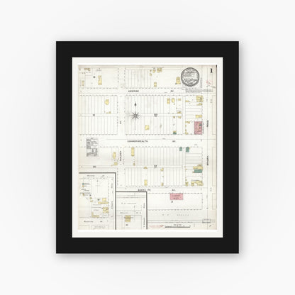 Old map wall art mockup — black gallery frame with white mat — Sanborn Fire Insurance Map from Fullerton, Orange County, California (1894) - Complete Map Set