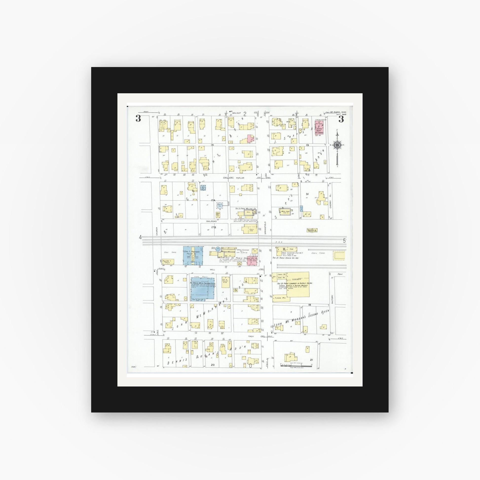 Old map wall art mockup — black gallery frame with white mat — Sanborn Fire Insurance Map from Saint Paris, Champaign County, Ohio (1948), Sheet #0003
