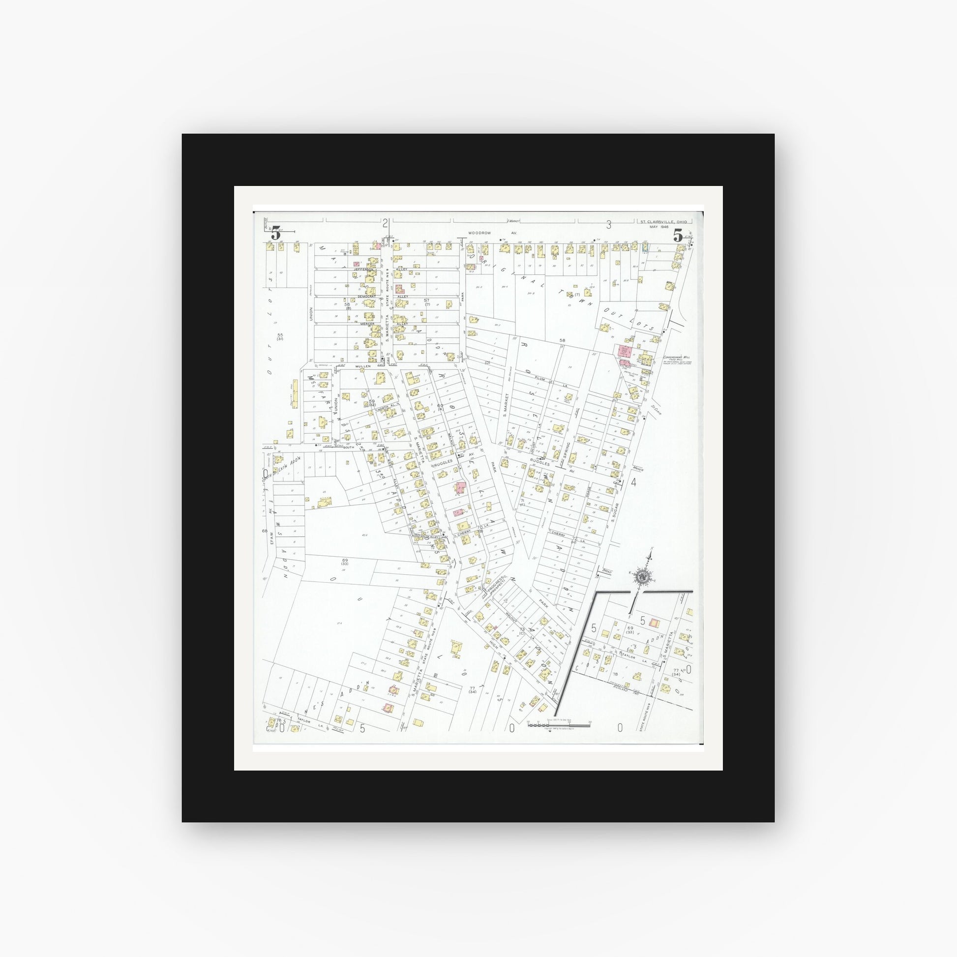 Old map wall art mockup — black gallery frame with white mat — Sanborn Fire Insurance Map from Saint Clairsville, Belmont County, Ohio (1946), Sheet #0005