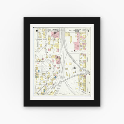 Old map wall art mockup — black gallery frame with white mat — Sanborn Fire Insurance Map from Bellaire, Belmont County, Ohio (1924), Sheet #0009