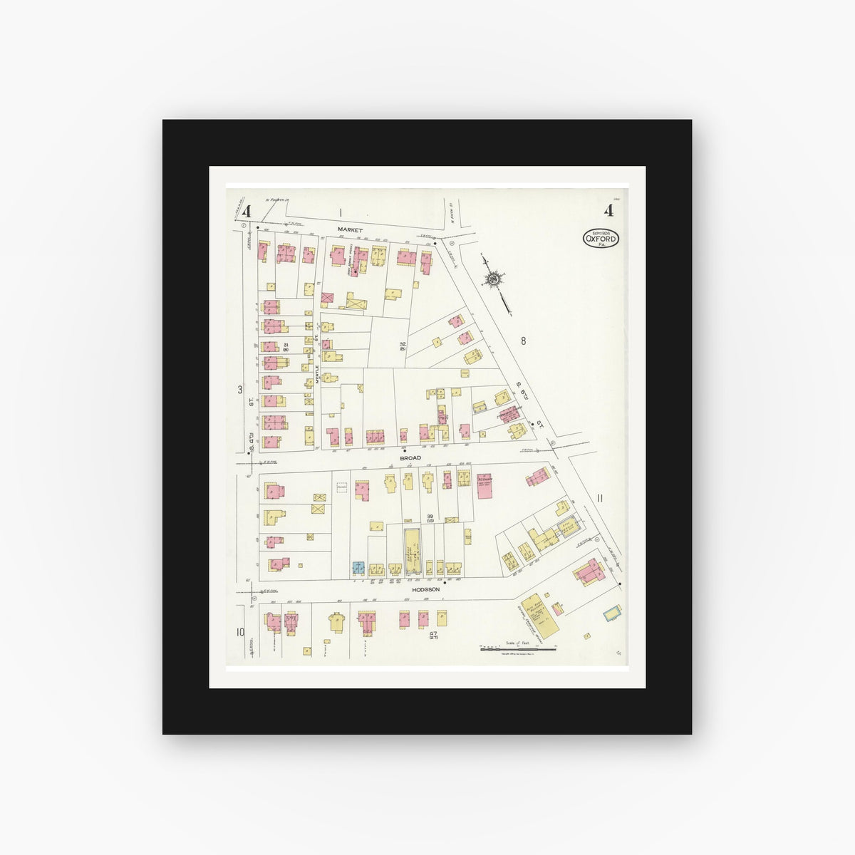 Old map wall art mockup — black gallery frame with white mat — Sanborn Fire Insurance Map from Oxford, Chester County, Pennsylvania (1924), Sheet #0004