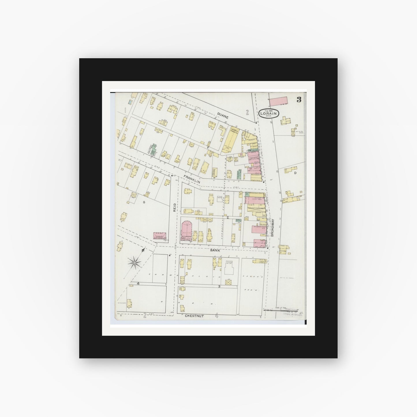 Old map wall art mockup — black gallery frame with white mat — Sanborn Fire Insurance Map from Lorain, Lorain County, Ohio (1893), Sheet #0003