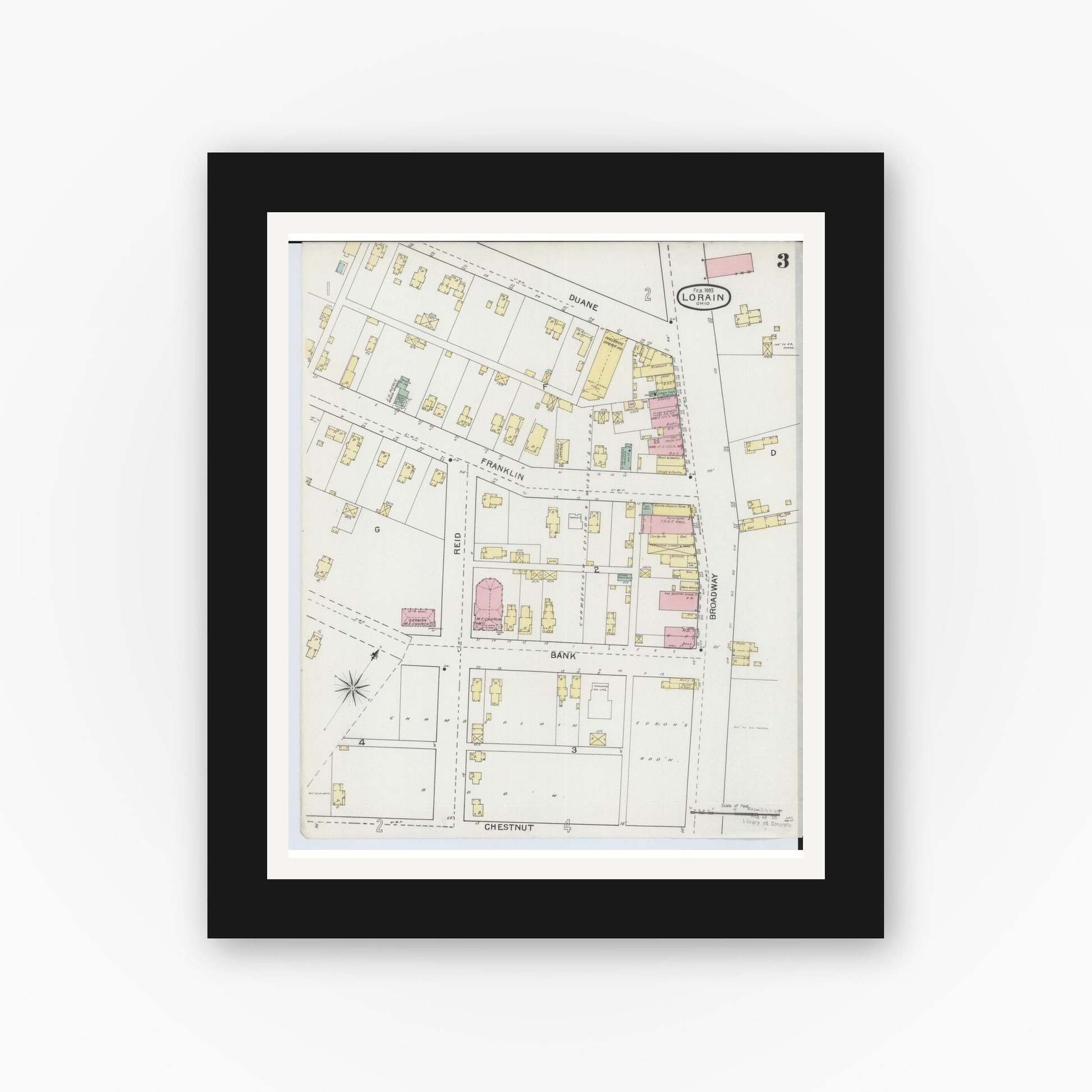 Old map wall art mockup — black gallery frame with white mat — Sanborn Fire Insurance Map from Lorain, Lorain County, Ohio (1893), Sheet #0003
