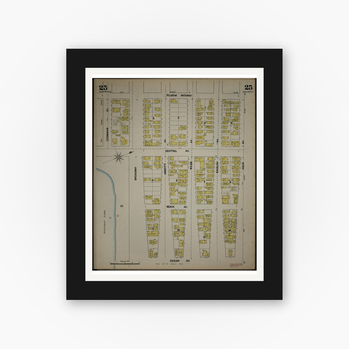 Old map wall art mockup — black gallery frame with white mat — Sanborn Fire Insurance Map from New Jersey Coast, New Jersey Coast, New Jersey (1890), Sheet #0025
