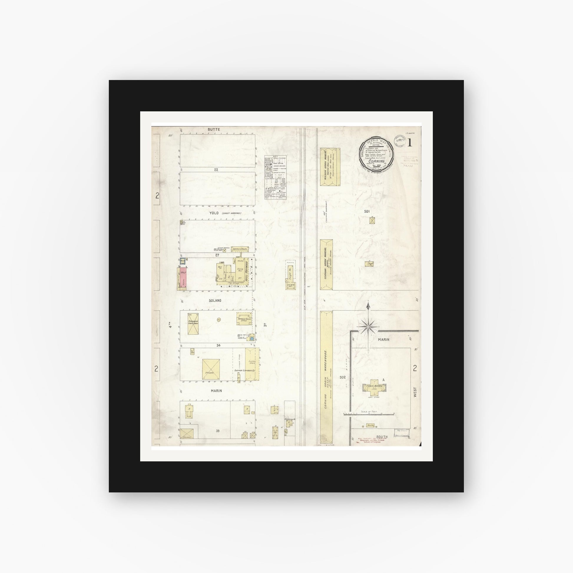 Old map wall art mockup — black gallery frame with white mat — Sanborn Fire Insurance Map from Corning, Tehama County, California (1899) - Complete Map Set