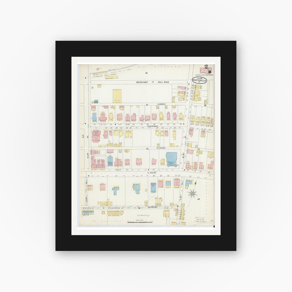 Old map wall art mockup — black gallery frame with white mat — Sanborn Fire Insurance Map from Coatesville, Chester County, Pennsylvania (1896), Sheet #0002