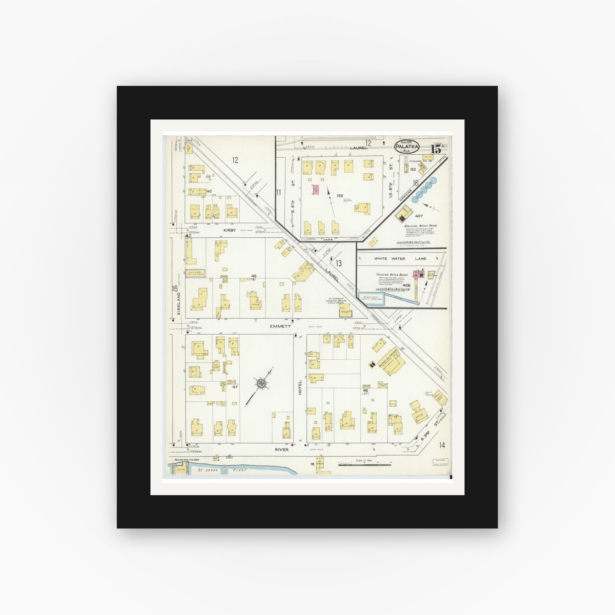 Old map wall art mockup — black gallery frame with white mat — Sanborn Fire Insurance Map from Palatka, Putnam County, Florida (1915), Sheet #0015