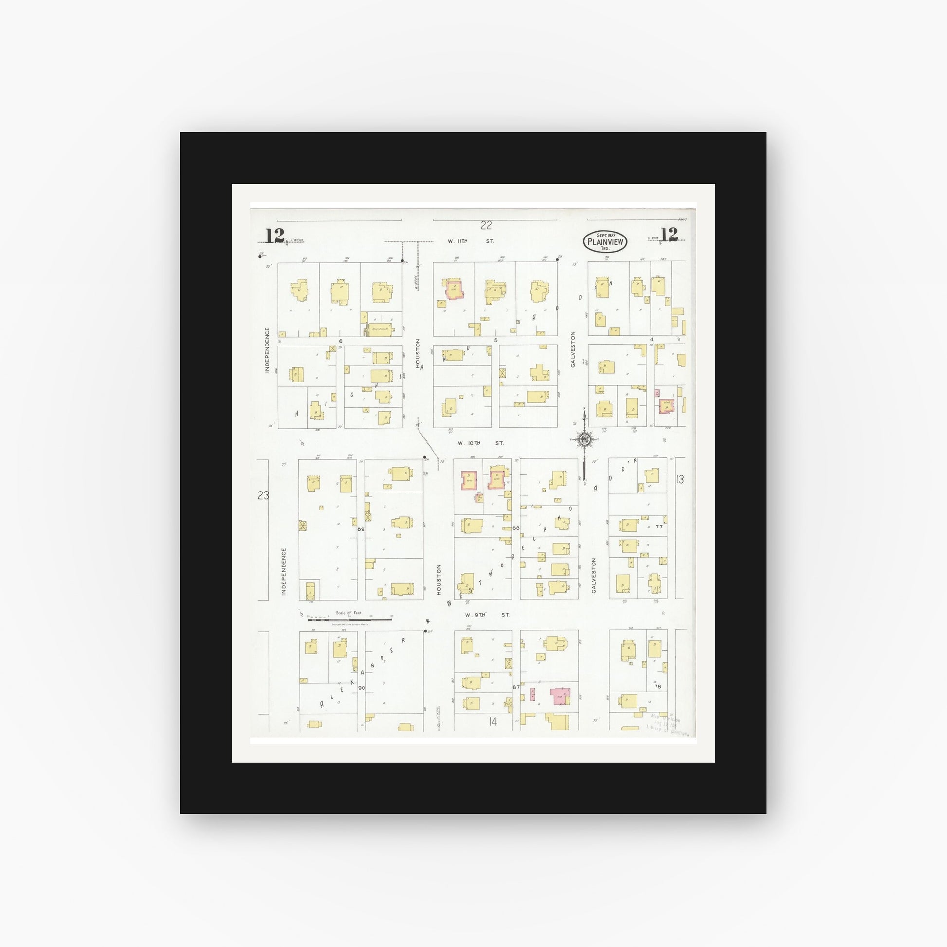 Old map wall art mockup — black gallery frame with white mat — Sanborn Fire Insurance Map from Plainview, Hale County, Texas (1927), Sheet #0012