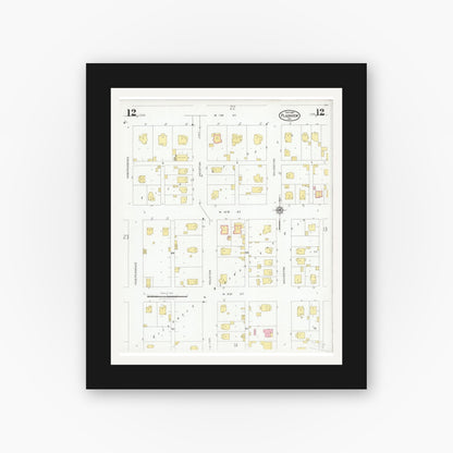 Old map wall art mockup — black gallery frame with white mat — Sanborn Fire Insurance Map from Plainview, Hale County, Texas (1927), Sheet #0012