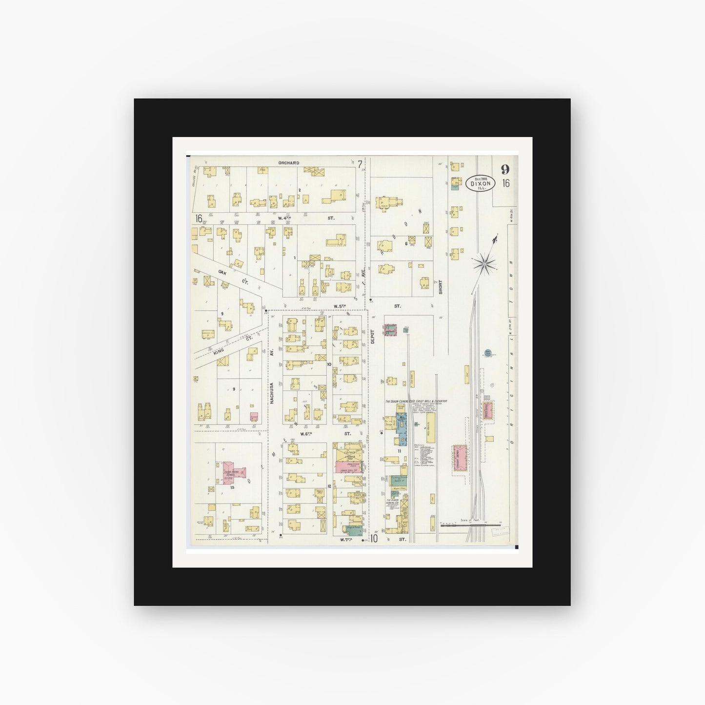 Old map wall art mockup — black gallery frame with white mat — Sanborn Fire Insurance Map from Dixon, Lee County, Illinois (1902), Sheet #0009