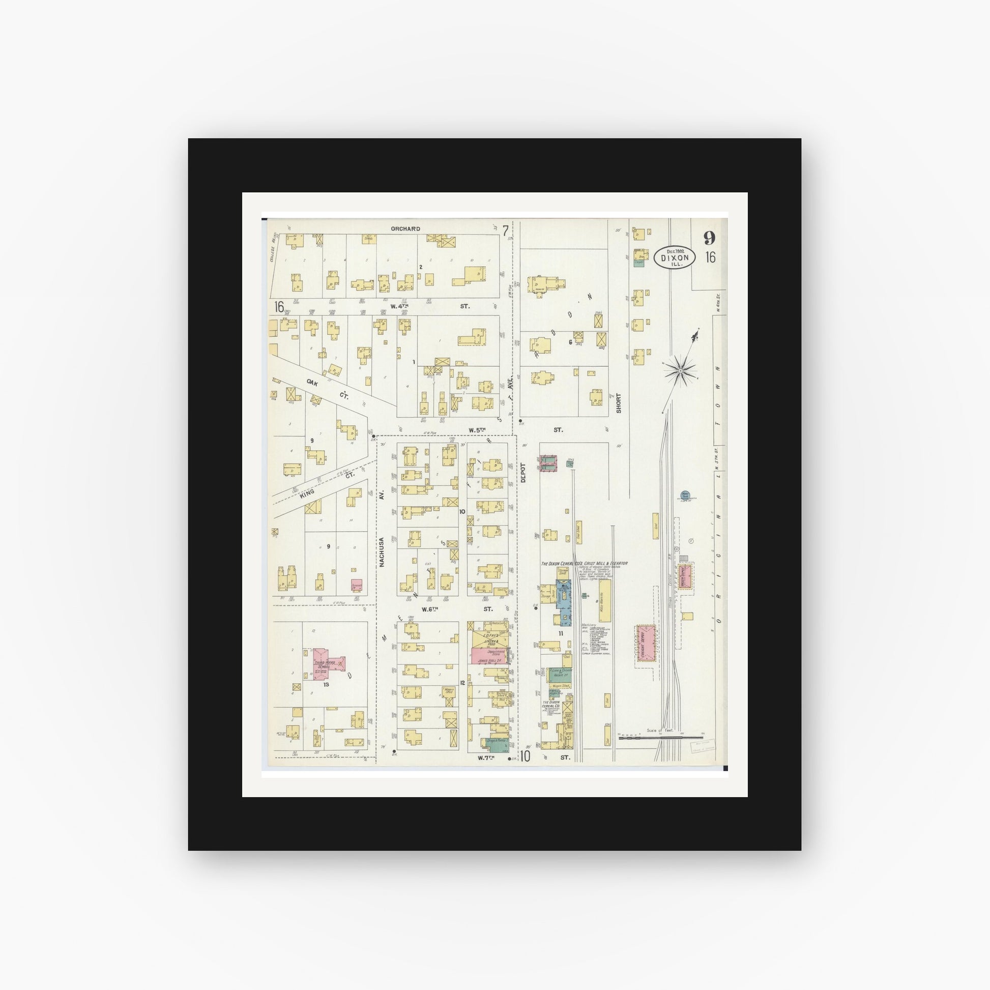Old map wall art mockup — black gallery frame with white mat — Sanborn Fire Insurance Map from Dixon, Lee County, Illinois (1902), Sheet #0009