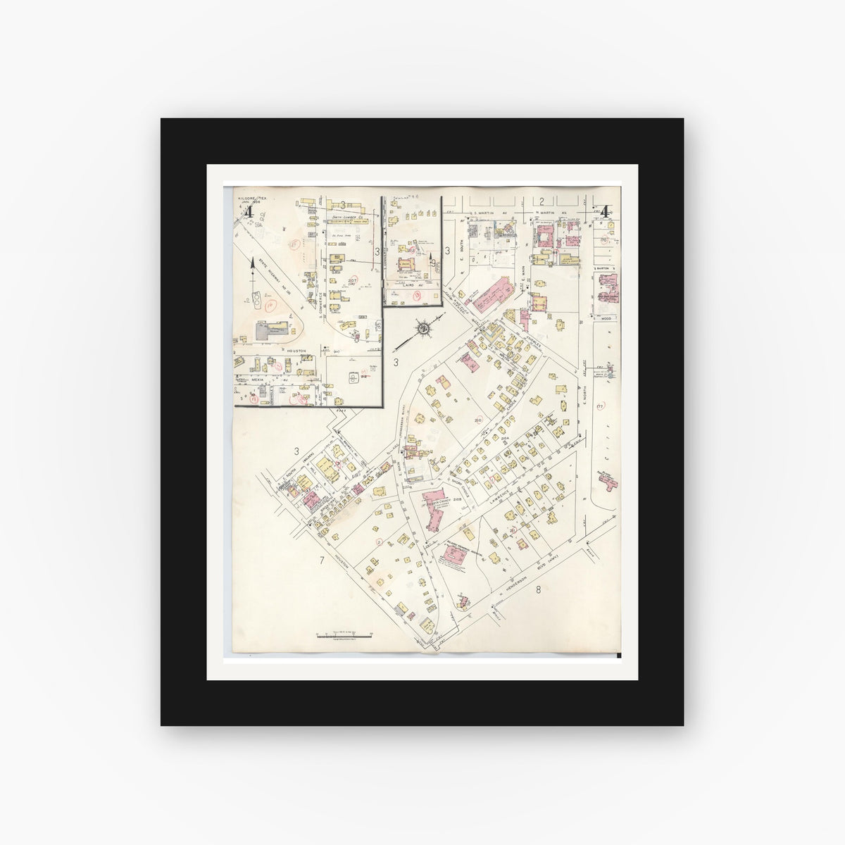 Old map wall art mockup — black gallery frame with white mat — Sanborn Fire Insurance Map from Kilgore, Gregg County, Texas (1950), Sheet #0004