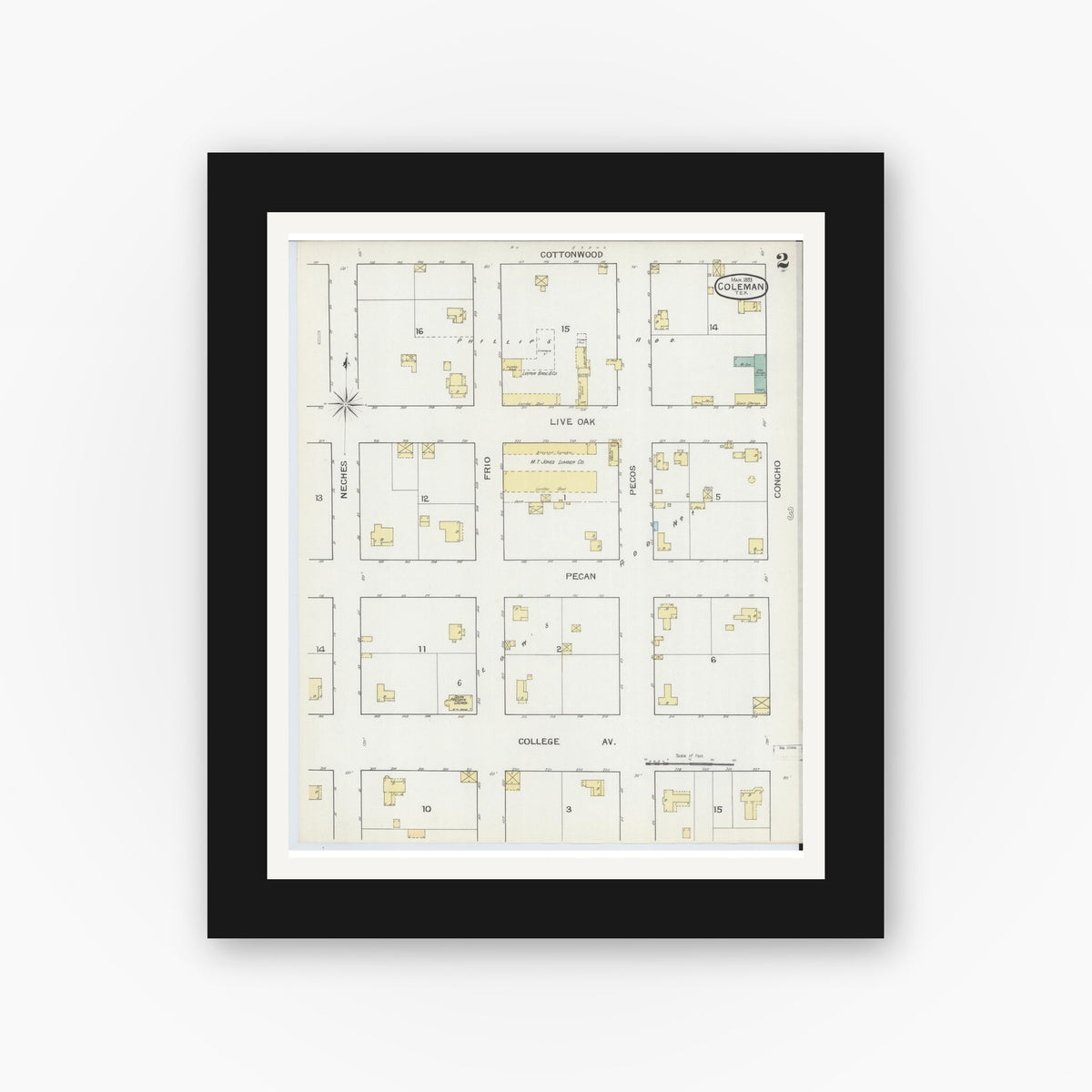 Old map wall art mockup — black gallery frame with white mat — Sanborn Fire Insurance Map from Coleman, Coleman County, Texas (1893), Sheet #0002