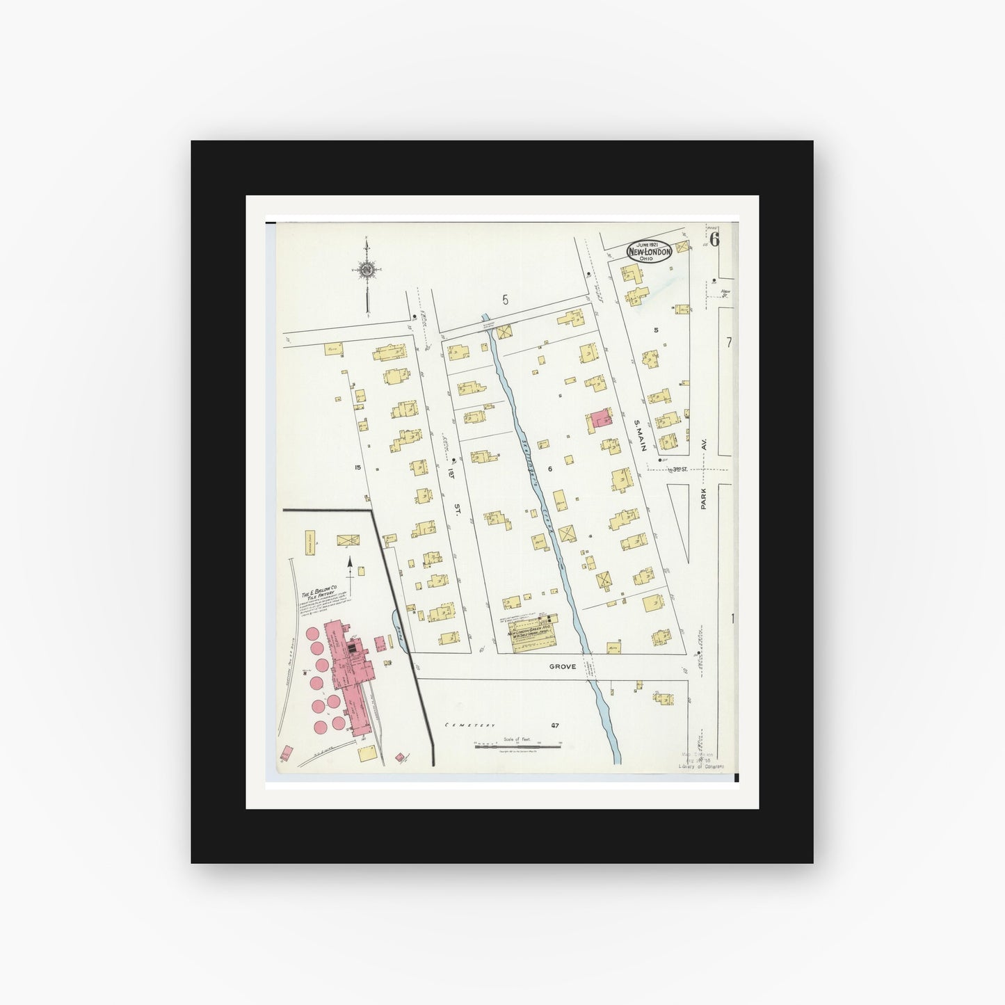 Old map wall art mockup — black gallery frame with white mat — Sanborn Fire Insurance Map from New London, Huron County, Ohio (1921), Sheet #0006