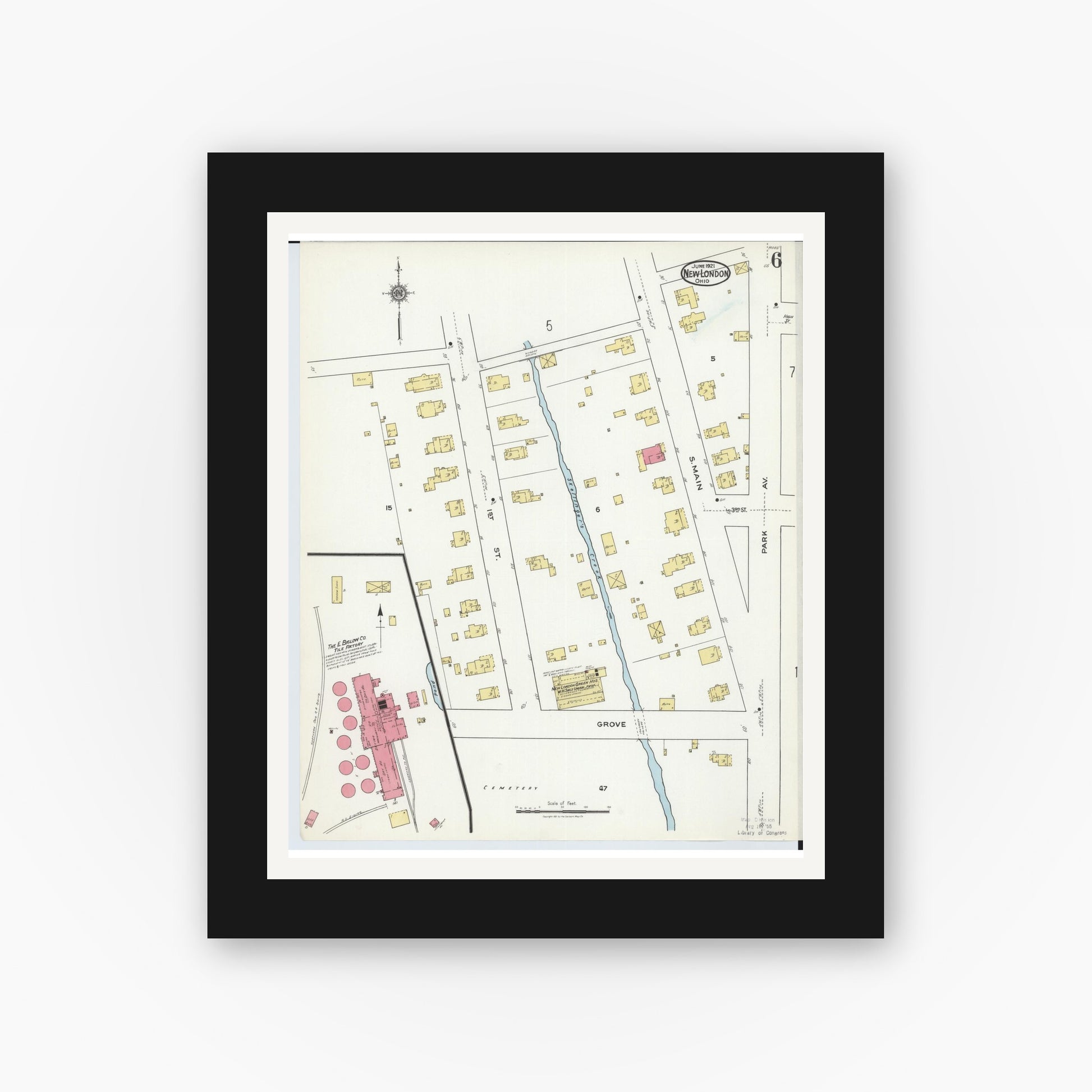 Old map wall art mockup — black gallery frame with white mat — Sanborn Fire Insurance Map from New London, Huron County, Ohio (1921), Sheet #0006