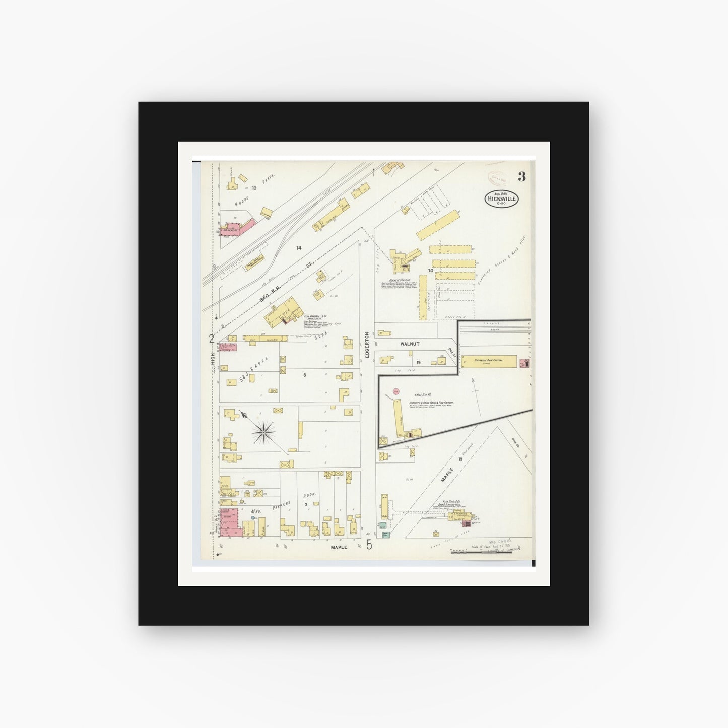 Old map wall art mockup — black gallery frame with white mat — Sanborn Fire Insurance Map from Hicksville, Defiance County, Ohio (1899), Sheet #0003