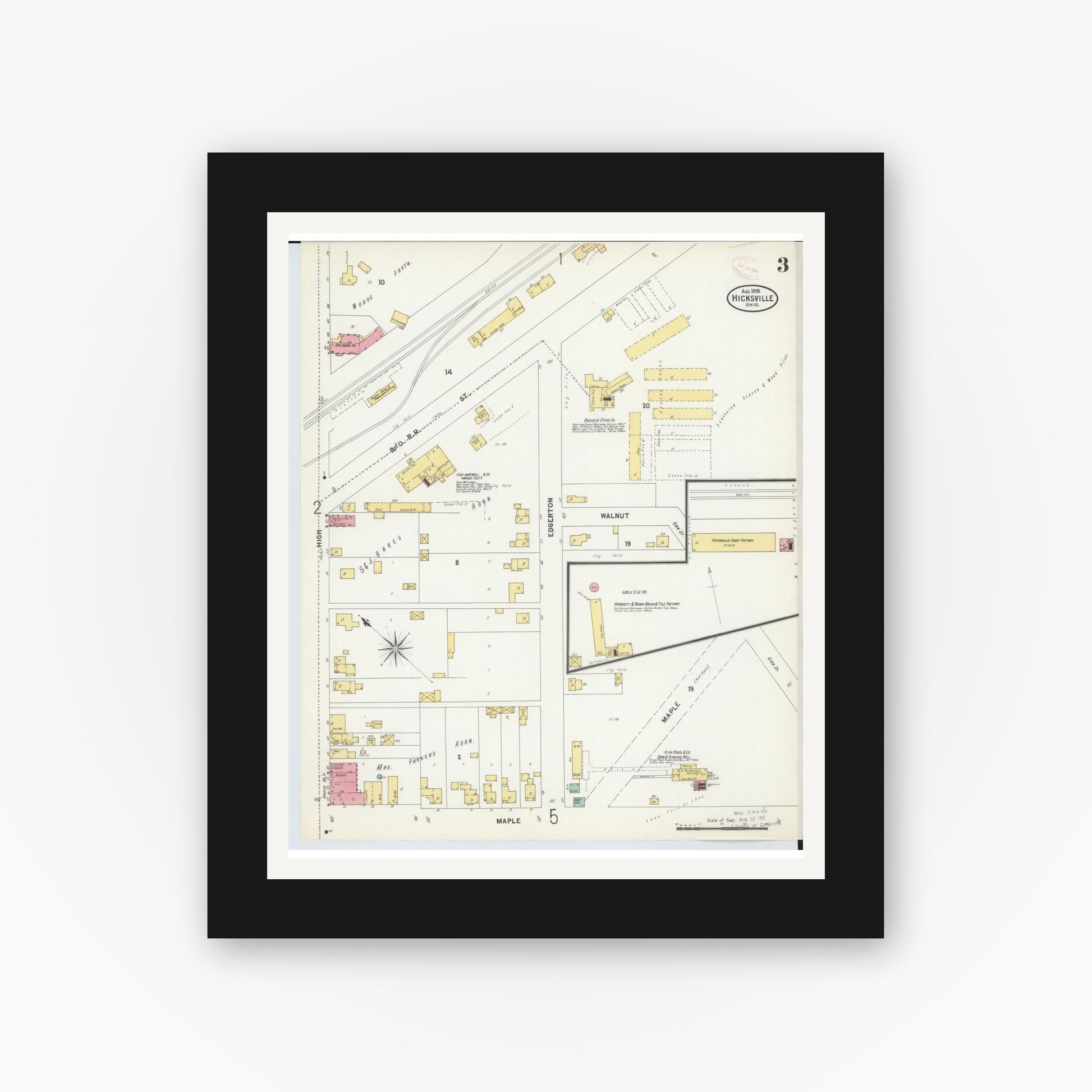 Old map wall art mockup — black gallery frame with white mat — Sanborn Fire Insurance Map from Hicksville, Defiance County, Ohio (1899), Sheet #0003