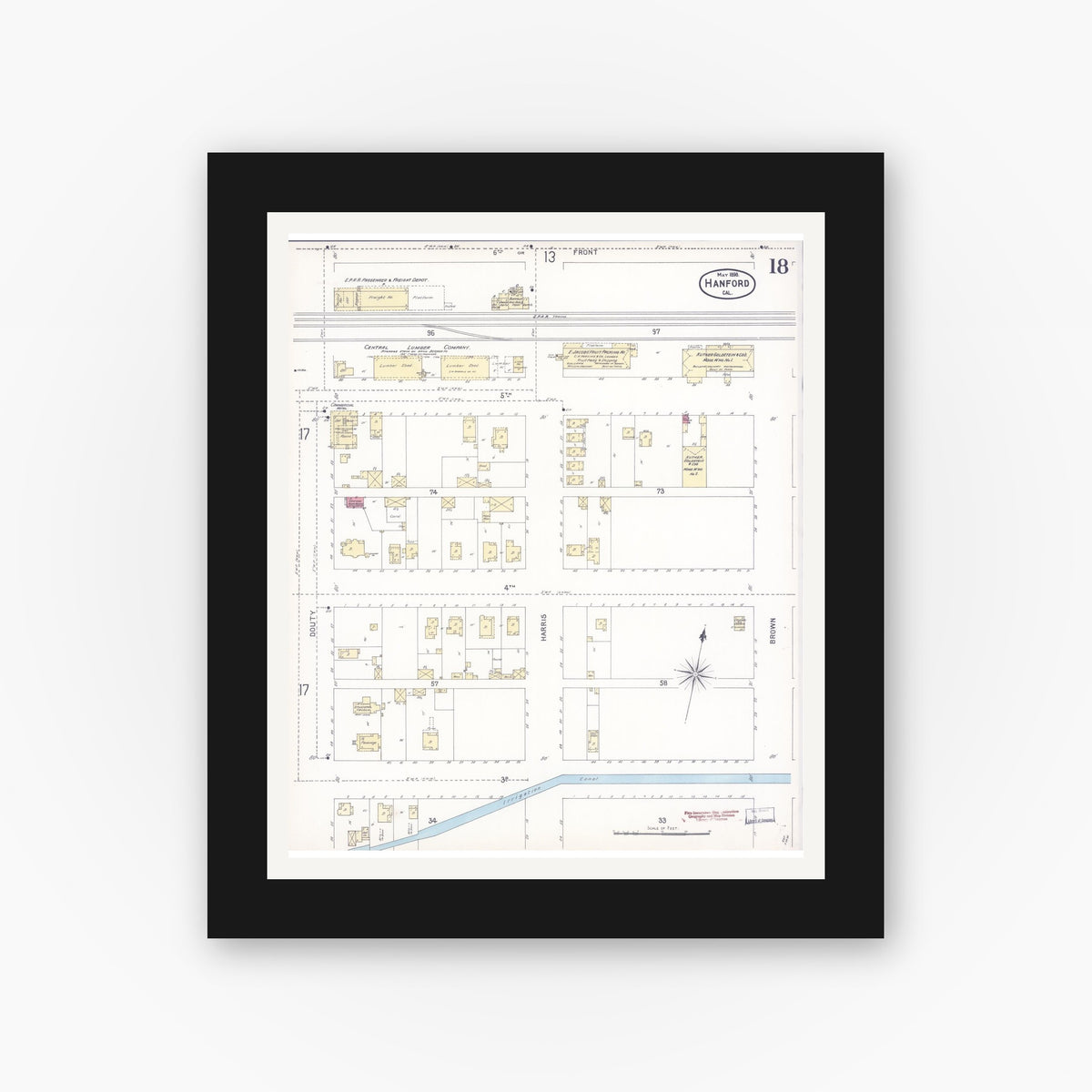 Old map wall art mockup — black gallery frame with white mat — Sanborn Fire Insurance Map from Hanford, Kings County, California (1898), Sheet #0018