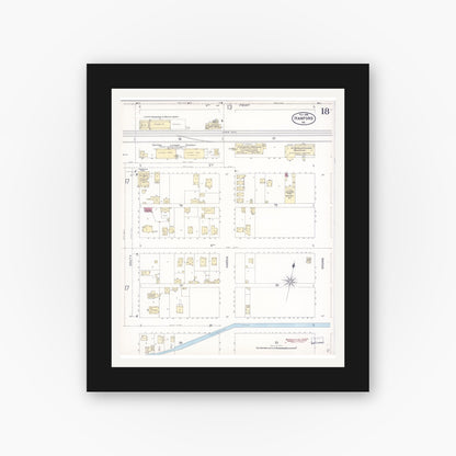 Old map wall art mockup — black gallery frame with white mat — Sanborn Fire Insurance Map from Hanford, Kings County, California (1898), Sheet #0018